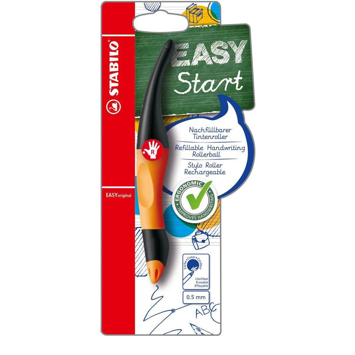 Ergonomischer Tintenroller für Rechtshänder - STABILO EASYoriginal in orange/anthrazit - Einzelstift - Schreibfarbe blau (löschbar) - inklusive Patrone