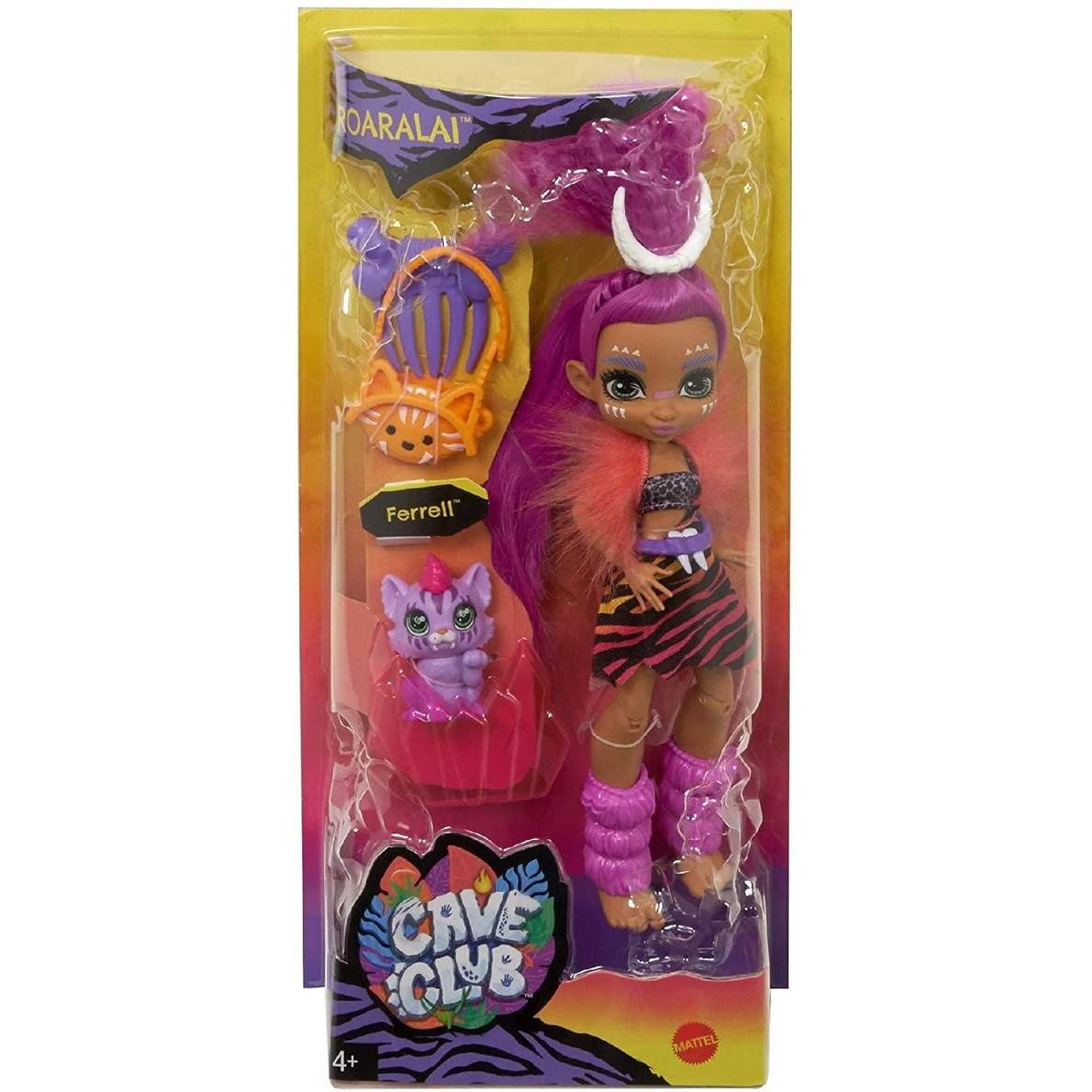 Mattel Cave Club Roaralai Puppe (25 cm), prähistorische Modepuppe mit Haus-Dinosaurier
