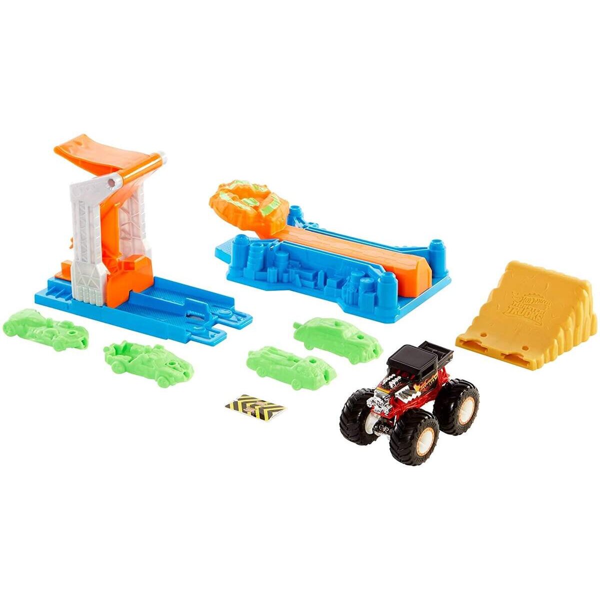 Mattel Hot Wheels Monster Truck Crash-Rampe inkl. 1 Spielzeugauto, Spielset