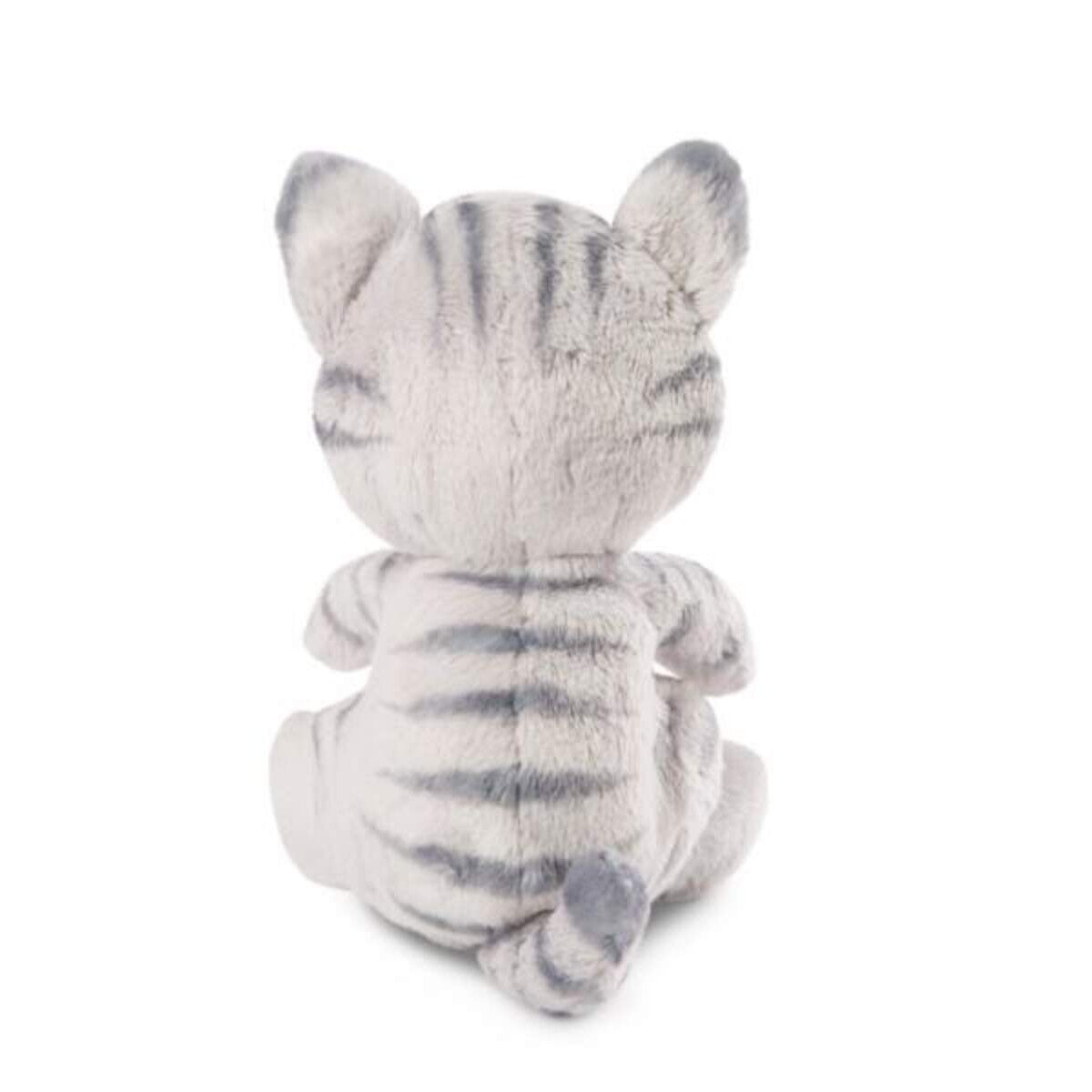 NICI Kuscheltier Katze grau 12cm im pink-lilanen Körbchen