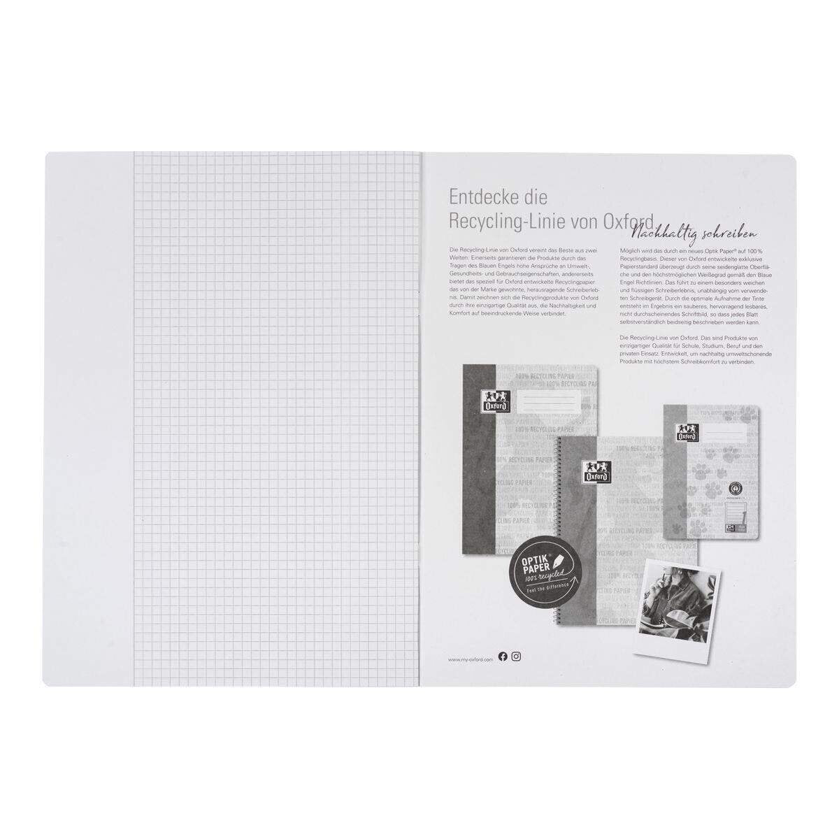 Oxford Recycling Schulheft A4, 16 Blatt, Lineatur 26 (kariert, weißer Rand rechts), 90 g/m², Optik Paper®