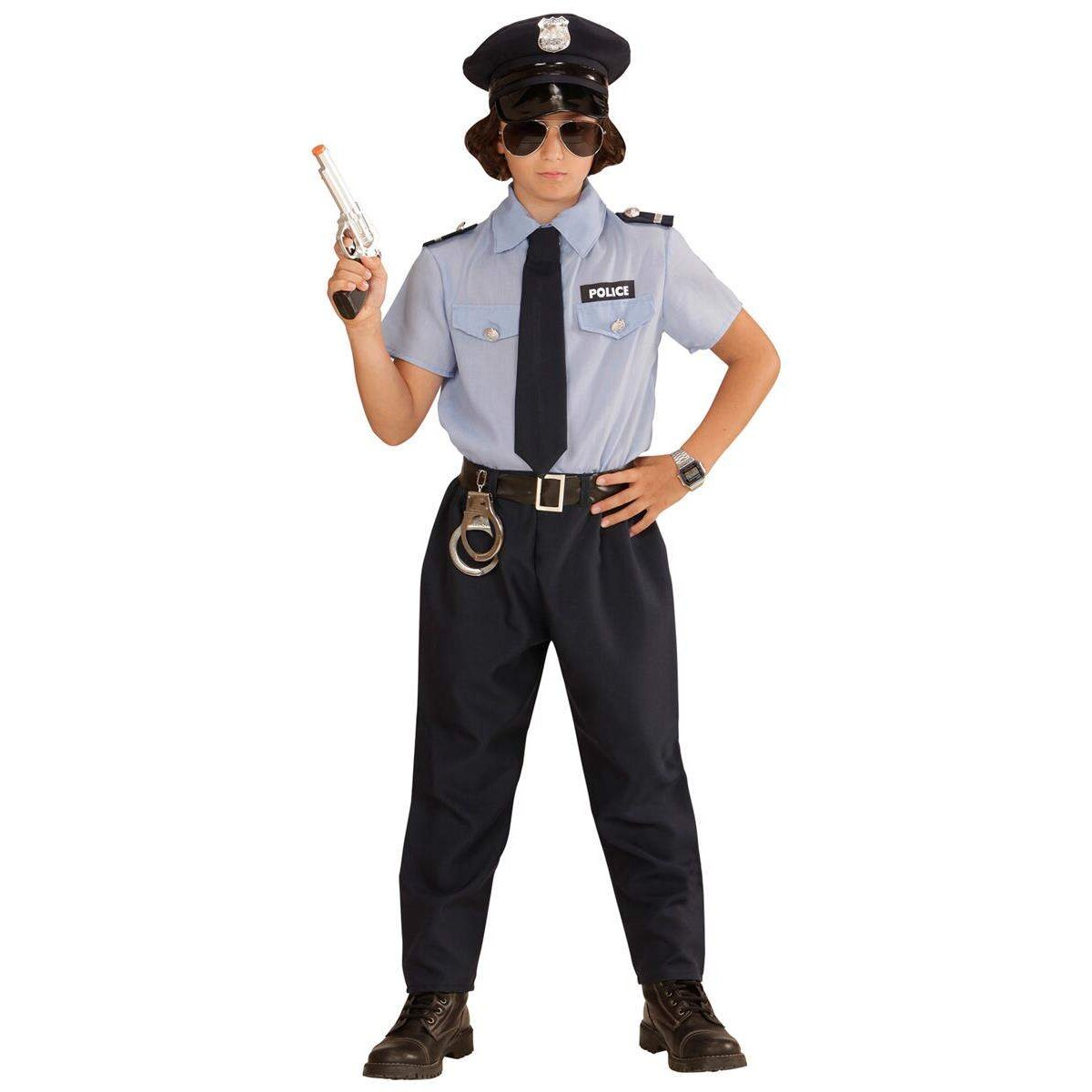 Widmann Kinderkostüm Polizist hellblau, Größe 116, Hemd, Hose, Hut, Krawatte. Gürtel
