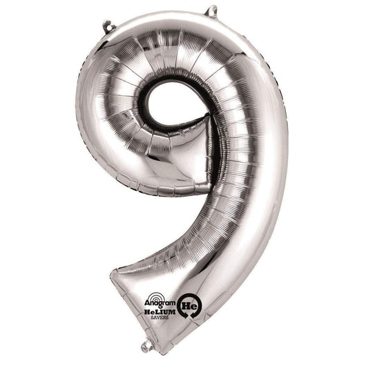 amscan Folienballon Zahl 9, silber, ca. 86cm