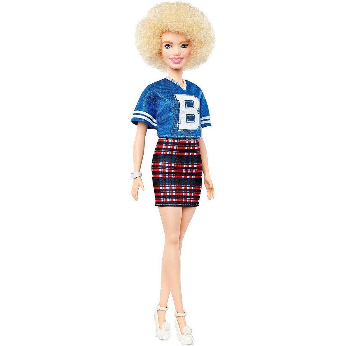 Barbie Fashionistas Puppe im blauen Glitzeroberteil und Rock, mit Karomuster