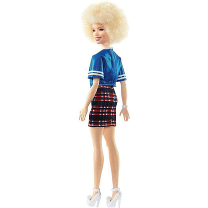Barbie Fashionistas Puppe im blauen Glitzeroberteil und Rock, mit Karomuster