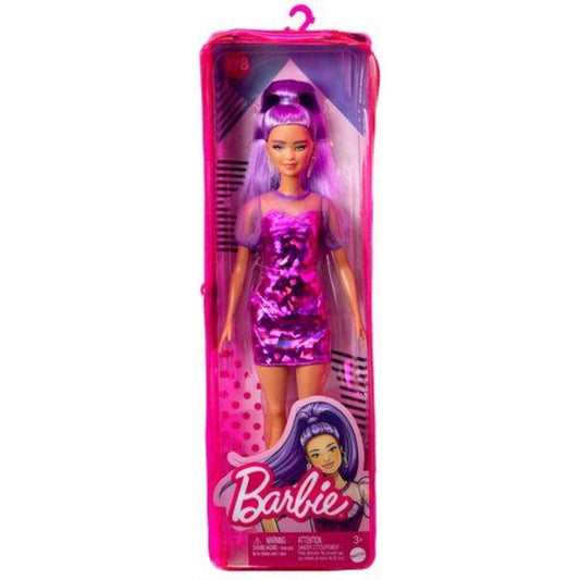 Barbie Fashionistas-Puppe, zierlich, lange, violette Haare und violettes Metallic-Kleid, Dekolleté