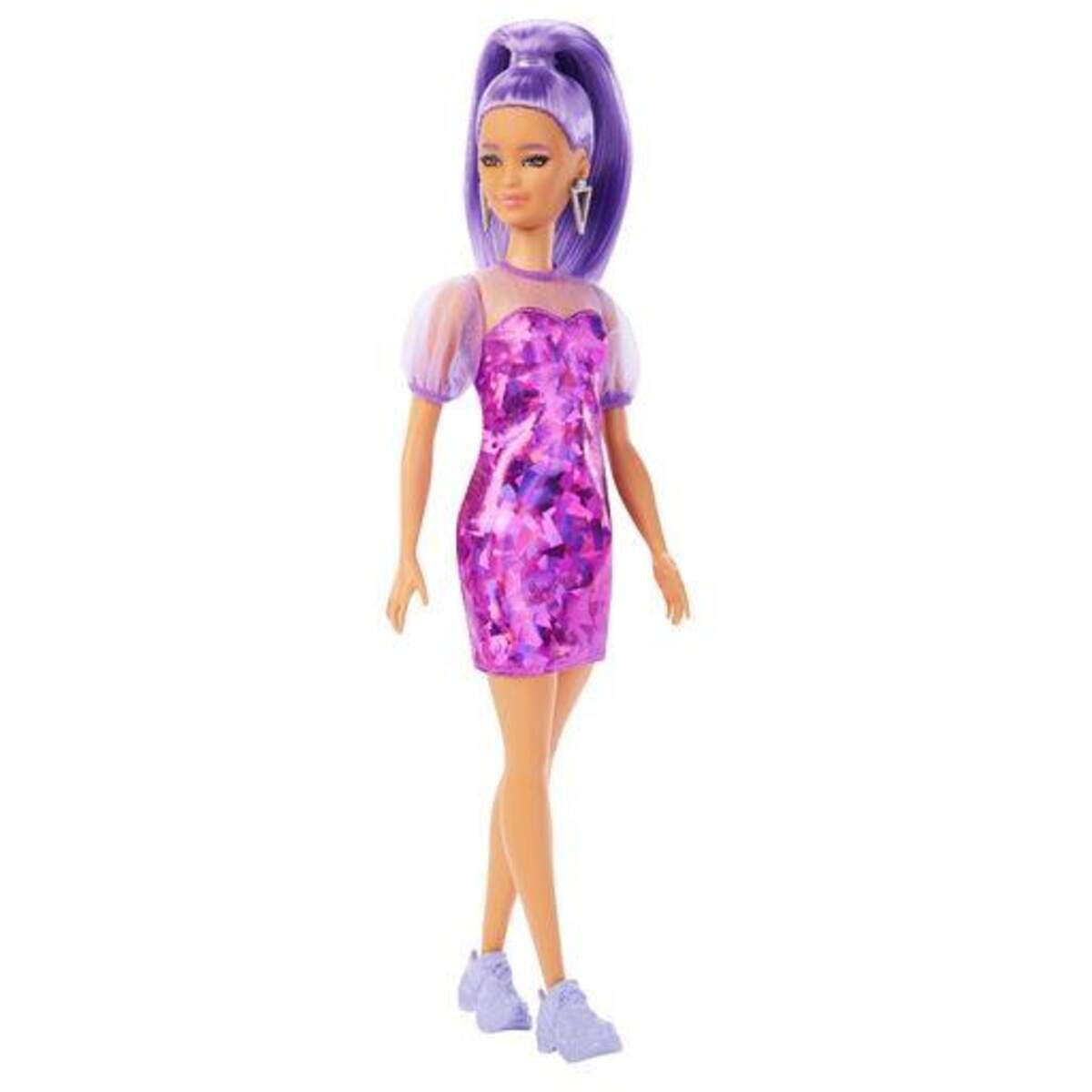 Barbie Fashionistas-Puppe, zierlich, lange, violette Haare und violettes Metallic-Kleid, Dekolleté