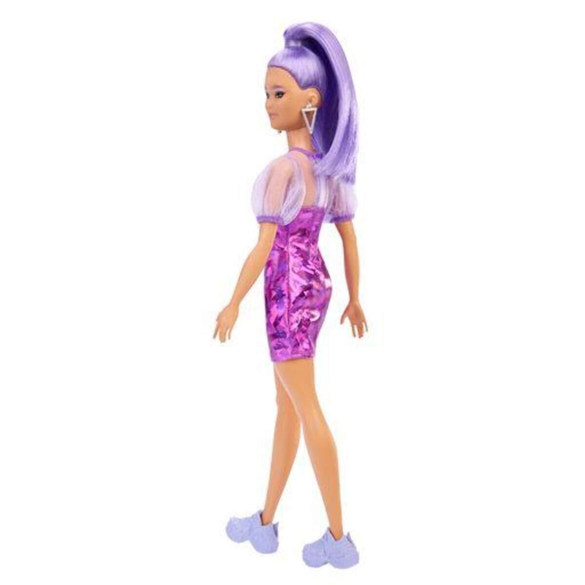 Barbie Fashionistas-Puppe, zierlich, lange, violette Haare und violettes Metallic-Kleid, Dekolleté