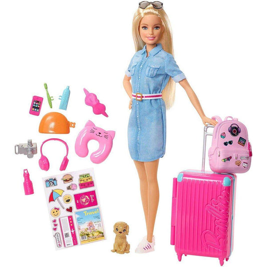 Barbie Reise Puppe mit blonden Haaren inkl. Reisezubehör und Hündchen