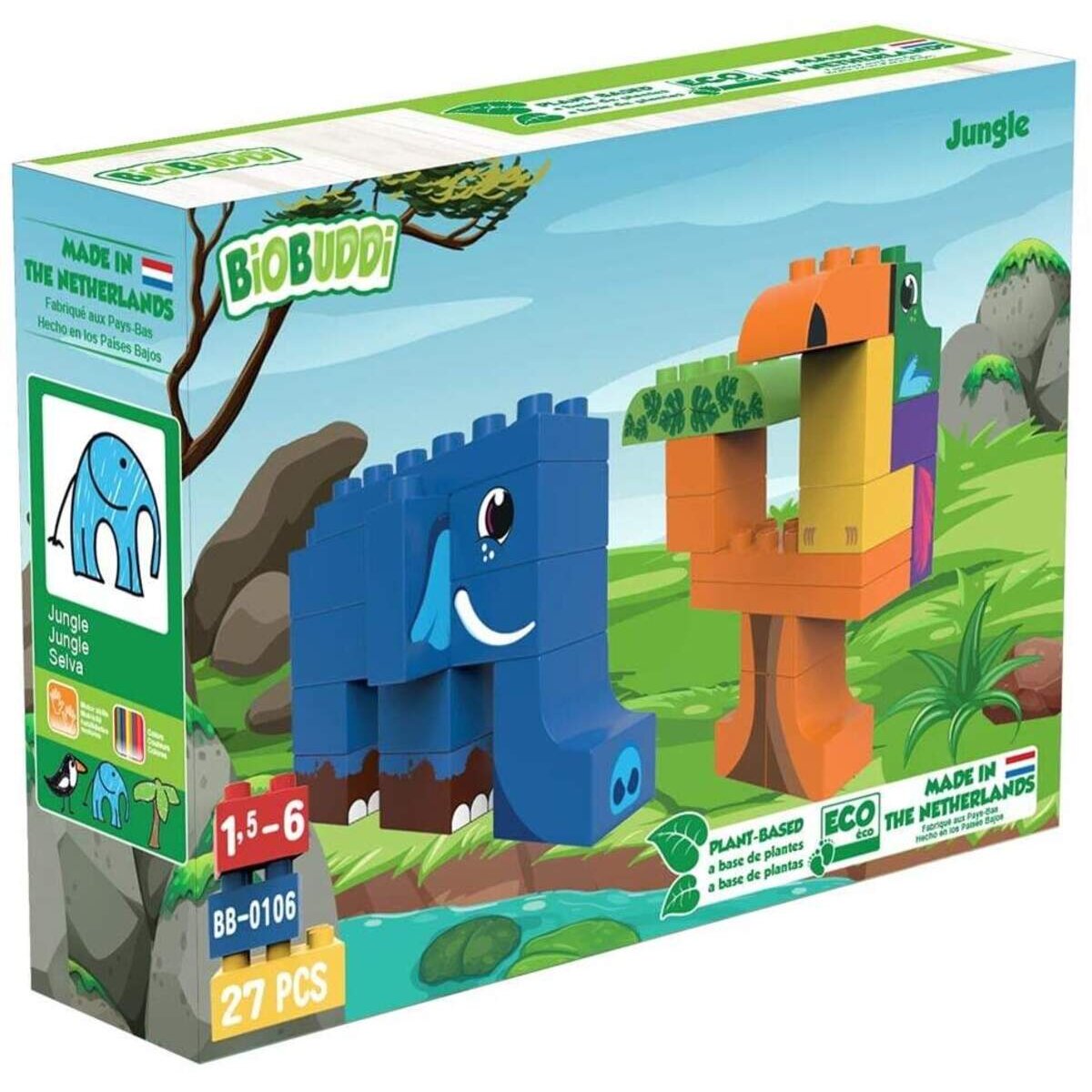 BiOBUDDi Bauset Dschungeltiere Elefant und Tukan, 27 Klemmbausteine
