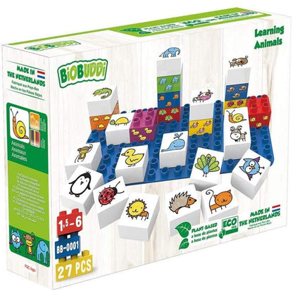 BiOBUDDi Lernbausteine Set Tiere, 26 Klemmbausteine mit Grundplatte