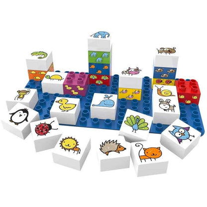 BiOBUDDi Lernbausteine Set Tiere, 26 Klemmbausteine mit Grundplatte