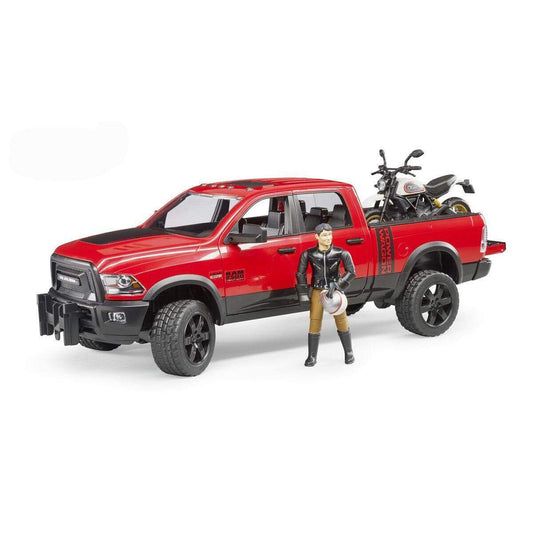 BRUDER® 2502 RAM 2500 Power Wagon mit Scrambler Ducati Desert Sled und Fahrer