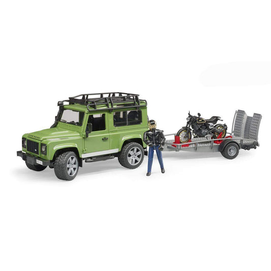 BRUDER® 2598 Land Rover Station Wagon mit Anhänger, Scrambler Ducati Cafe Racer und Fahrer