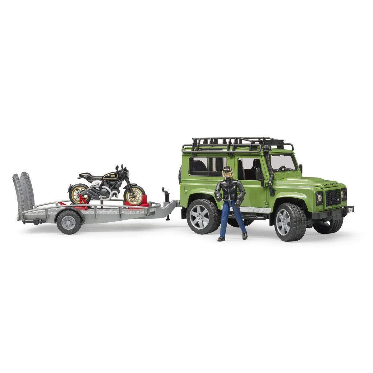 BRUDER® 2598 Land Rover Station Wagon mit Anhänger, Scrambler Ducati Cafe Racer und Fahrer