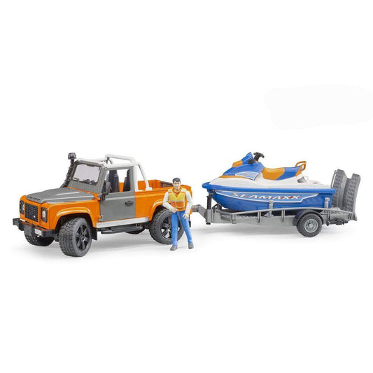 BRUDER® 2599 Land Rover Defender Pick up mit Anhänger, Personal Water Craft und Fahrer
