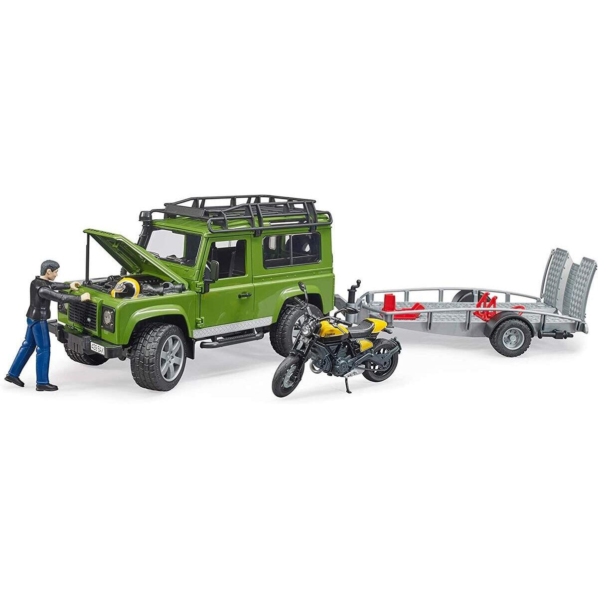BRUDER® Land Rover Defender mit Anhänger und Scrambler Ducati Full Throttle
