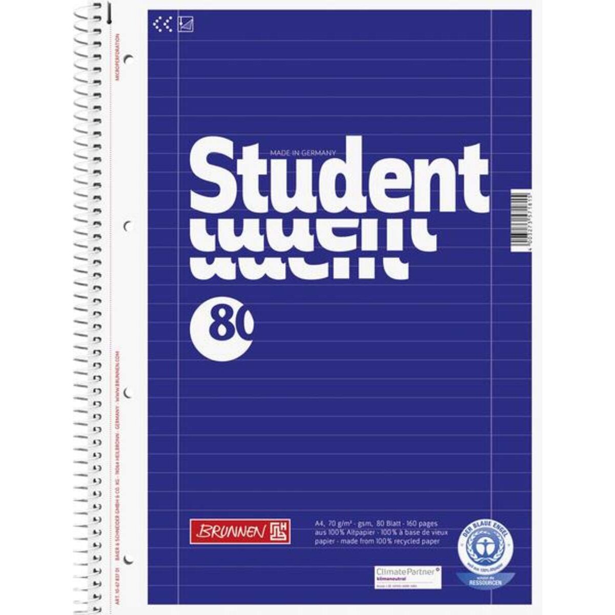 BRUNNEN Collegeblock Student A4, 80 Blatt, gelocht, Lineatur 27