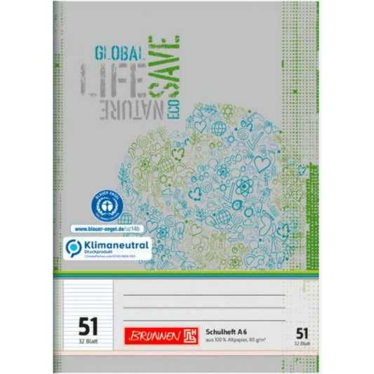 BRUNNEN Schulheft Recycling A6 liniert, Lin. 51 grau-grün