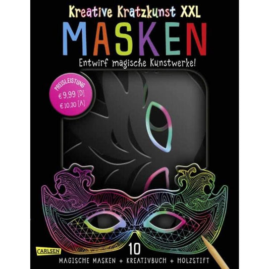 Carlsen Verlag Kreative Kratzkunst XXL: Masken: Set mit 10 Kratz-Masken, Anleitungsbuch und Holzstift
