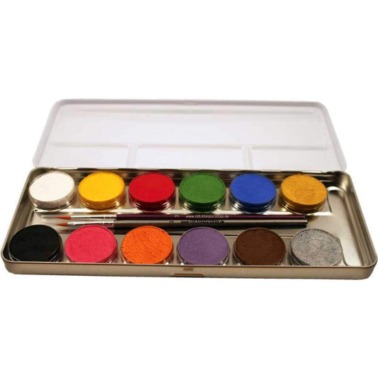 Eulenspiegel Schminke 12 Farben Metallpalette, 12 x 3,5 ml + 2 Pinsel