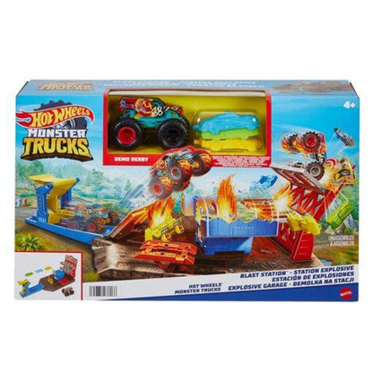 Mattel Hot Wheels Monster Trucks-Explosive Garage  Spielset mit HW Demo Derby und kaputtgehenden Autos