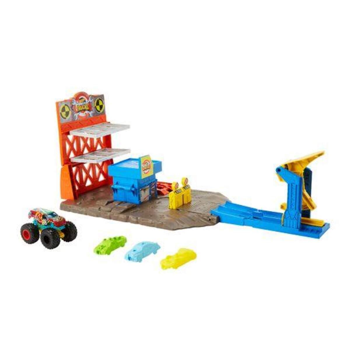 Mattel Hot Wheels Monster Trucks-Explosive Garage  Spielset mit HW Demo Derby und kaputtgehenden Autos