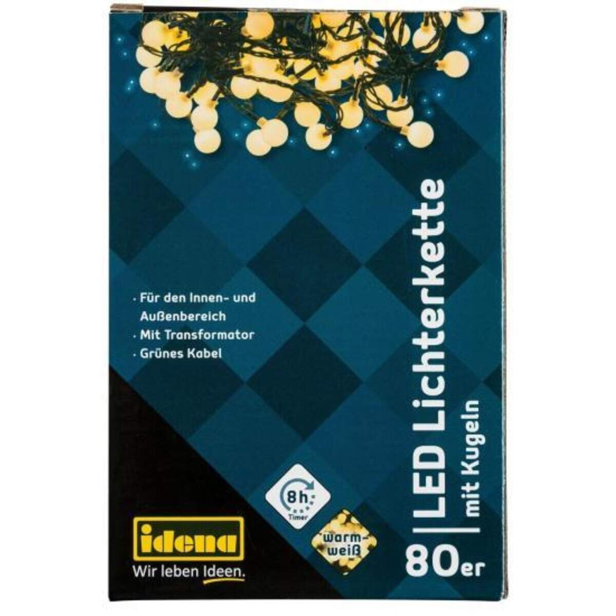 Idena 80er LED Lichterkette mit Kugeln, warmweiß, für innen/außen, Timer