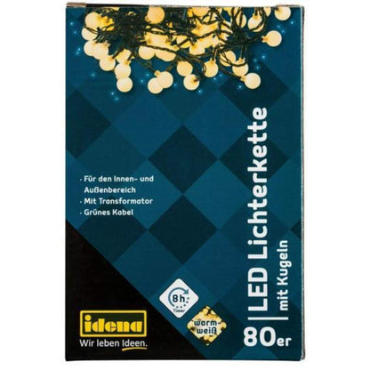 Idena 80er LED Lichterkette mit Kugeln, warmweiß, für innen/außen, Timer