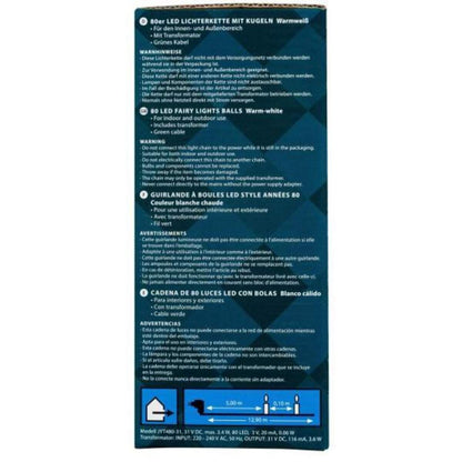 Idena 80er LED Lichterkette mit Kugeln, warmweiß, für innen/außen, Timer