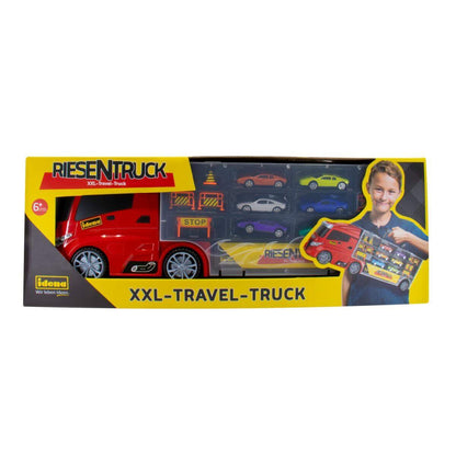 Idena Spiel-Truck mit integriertem Autokoffer, inklusive 6 Spielzeugautos und 10 Verkehrszeichen