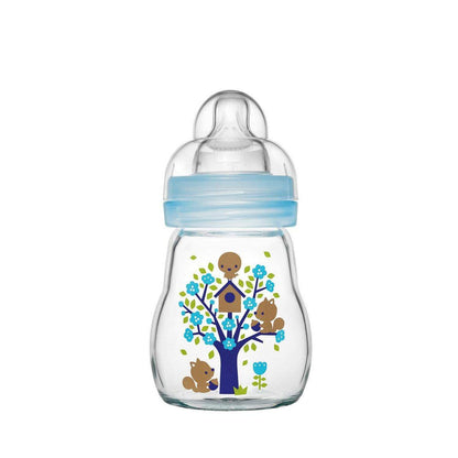 MAM Feel Good Premium Glasflasche 170 ml mit Sauger Größe 1, Blau