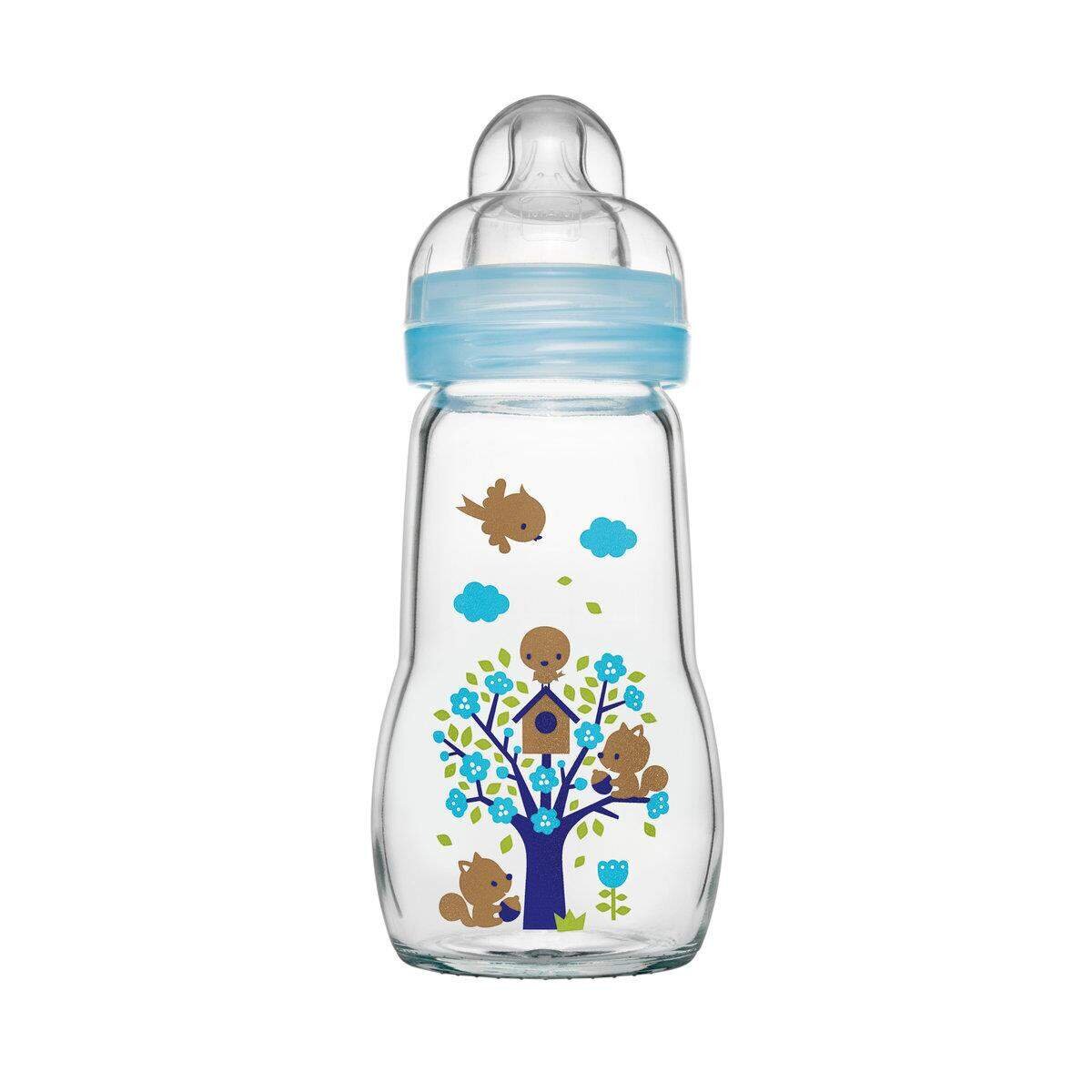 MAM Feel Good Premium Glasflasche 260 ml mit Sauger Größe 2, Blau