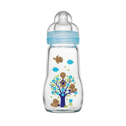 MAM Feel Good Premium Glasflasche 260 ml mit Sauger Größe 2, Blau