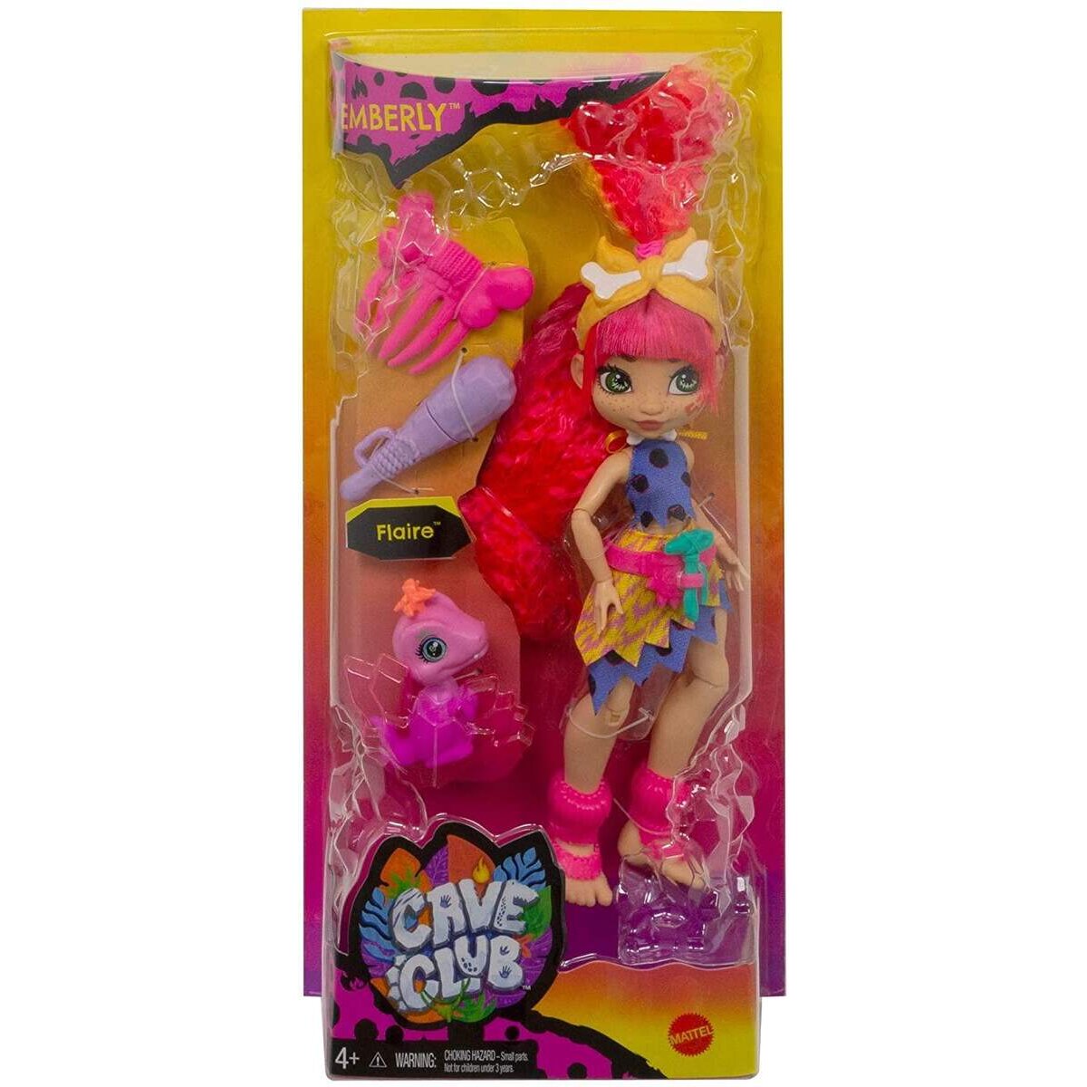 Mattel Cave Club Emberly Puppe (25 cm), prähistorische Modepuppe mit Haus-Dinosaurier