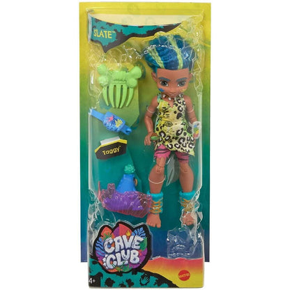 Mattel Cave Club Slate Puppe, prähistorische Modepuppe mit Haus-Dinosaurier