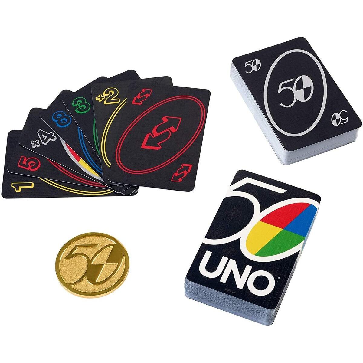 Mattel Games UNO Premium, 50 Jahre UNO Jubiläumsedition (mit Münze)