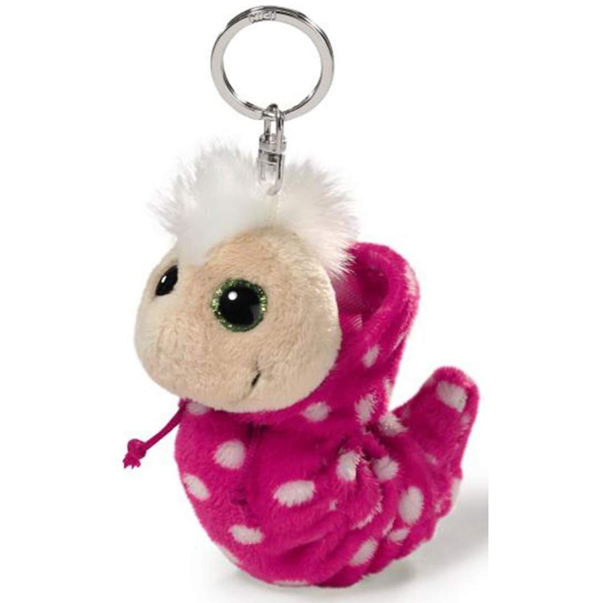 NICI Flibbie Schlüsselanhänger Raupe in Pink mit weißen Tupfen und Kapuze, 12cm