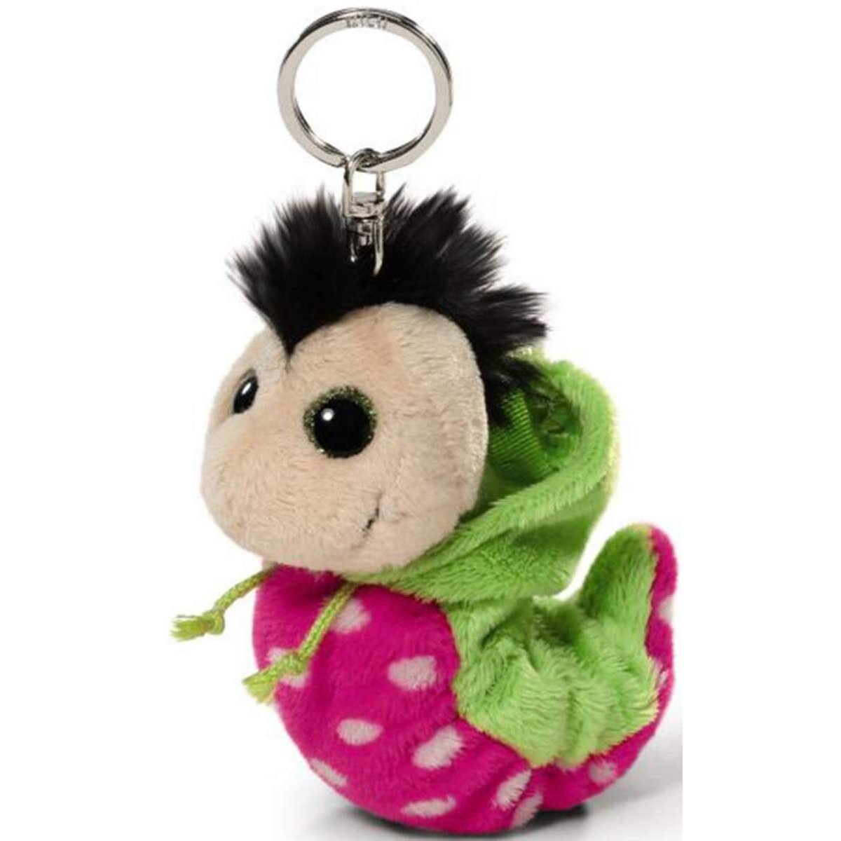 NICI Flibbie Schlüsselanhänger Raupe in Pink mit weißen Tupfen und grüner Kapuze, 12cm