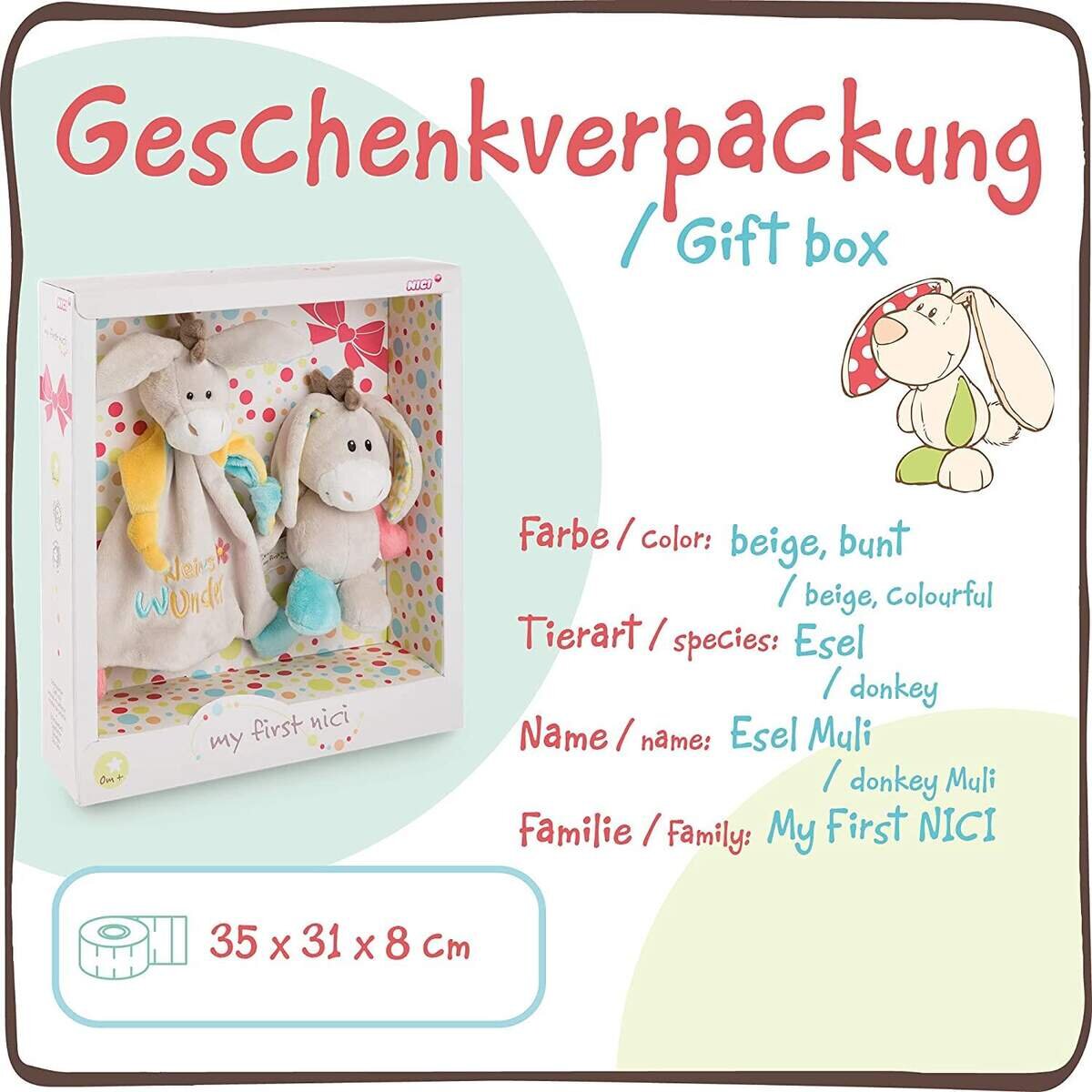 NICI Geschenkset für Babys & Kleinkinder – Schmusetuch & Schmusetier Esel Muli 18cm