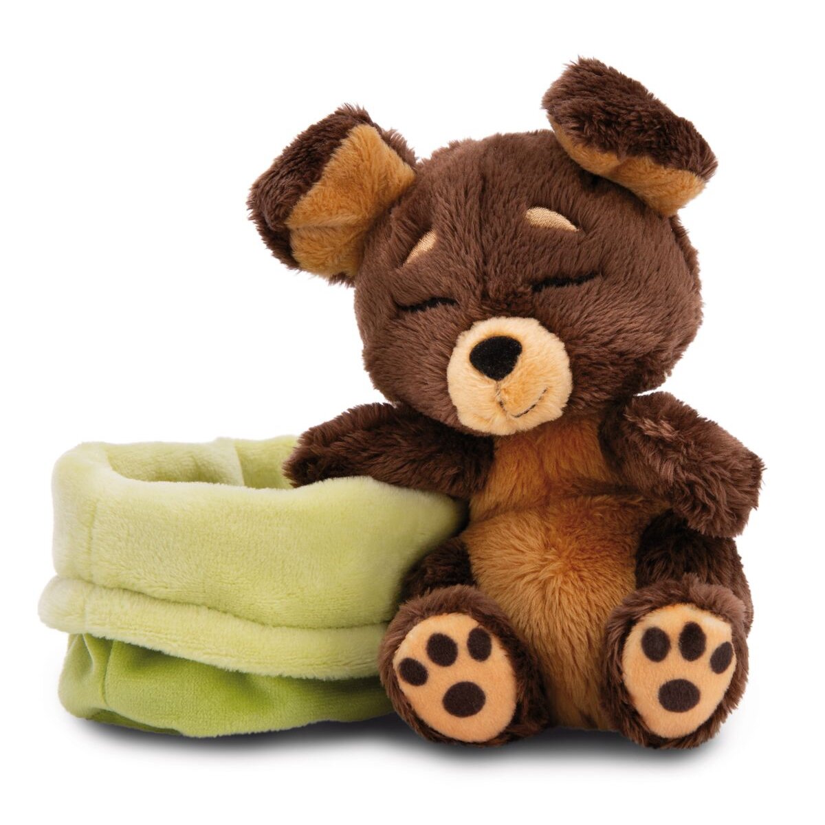 NICI Kuscheltier Hund braun 12cm schlafend im Körbchen grün GREEN