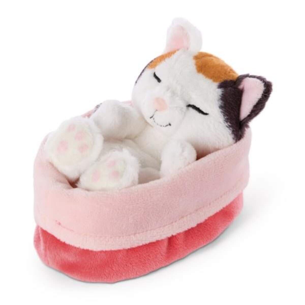 NICI Kuscheltier Katze creme 12cm im rot-rosanen Körbchen