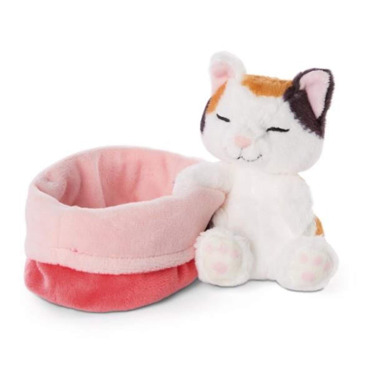 NICI Kuscheltier Katze creme 12cm im rot-rosanen Körbchen