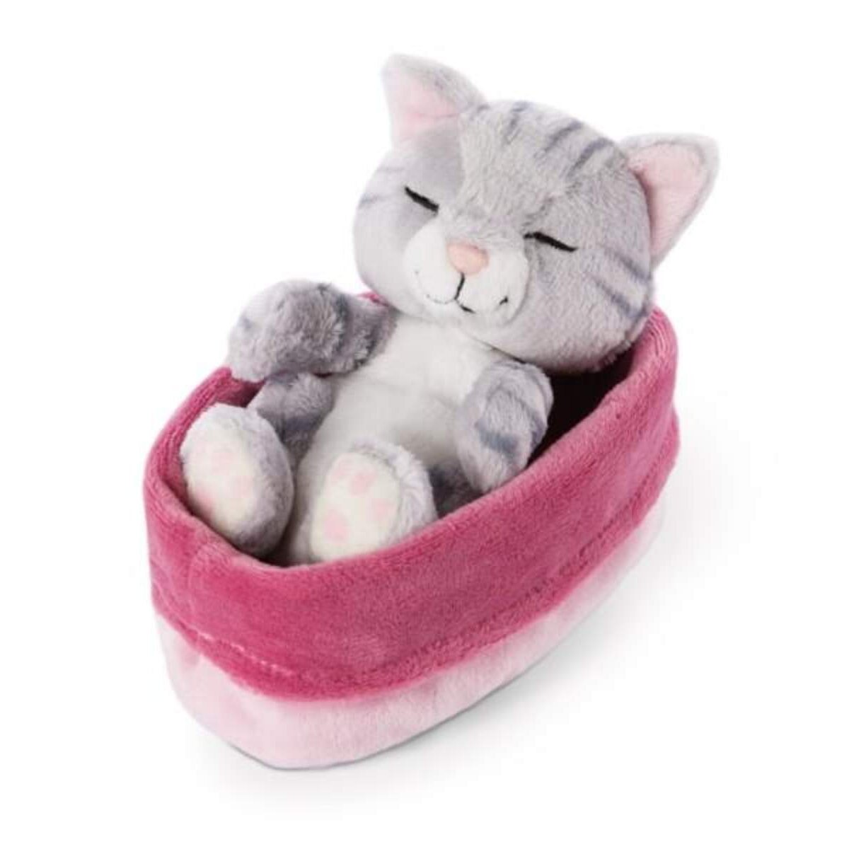 NICI Kuscheltier Katze grau 12cm im pink-lilanen Körbchen