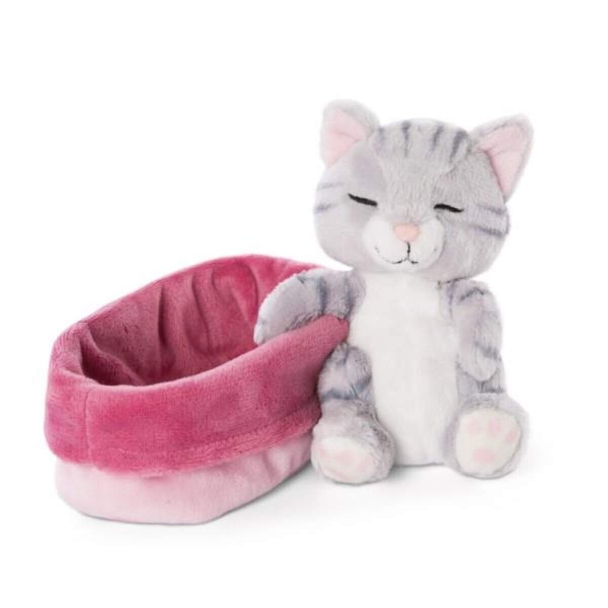 NICI Kuscheltier Katze grau 12cm im pink-lilanen Körbchen