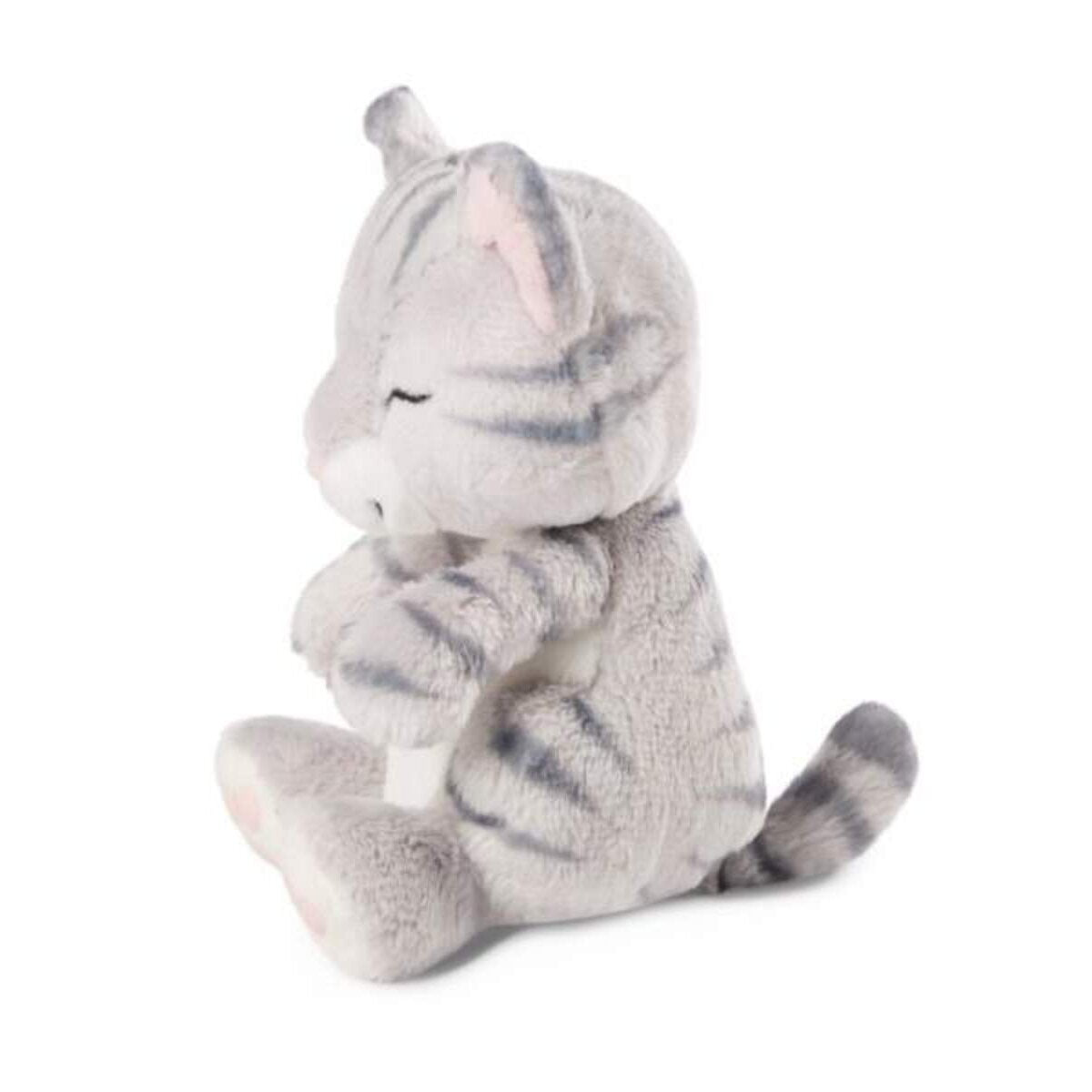 NICI Kuscheltier Katze grau 12cm im pink-lilanen Körbchen