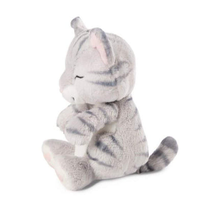 NICI Kuscheltier Katze grau 12cm im pink-lilanen Körbchen