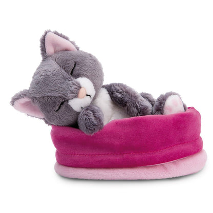 NICI Kuscheltier Katze grau 12cm schlafend im Körbchen rosa GREEN