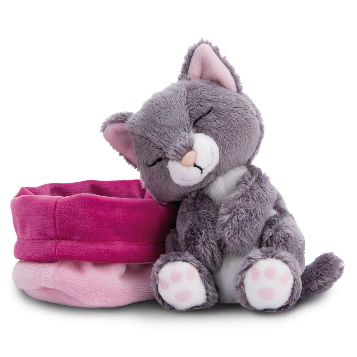 NICI Kuscheltier Katze grau 12cm schlafend im Körbchen rosa GREEN
