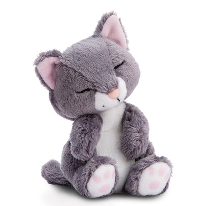 NICI Kuscheltier Katze grau 12cm schlafend im Körbchen rosa GREEN